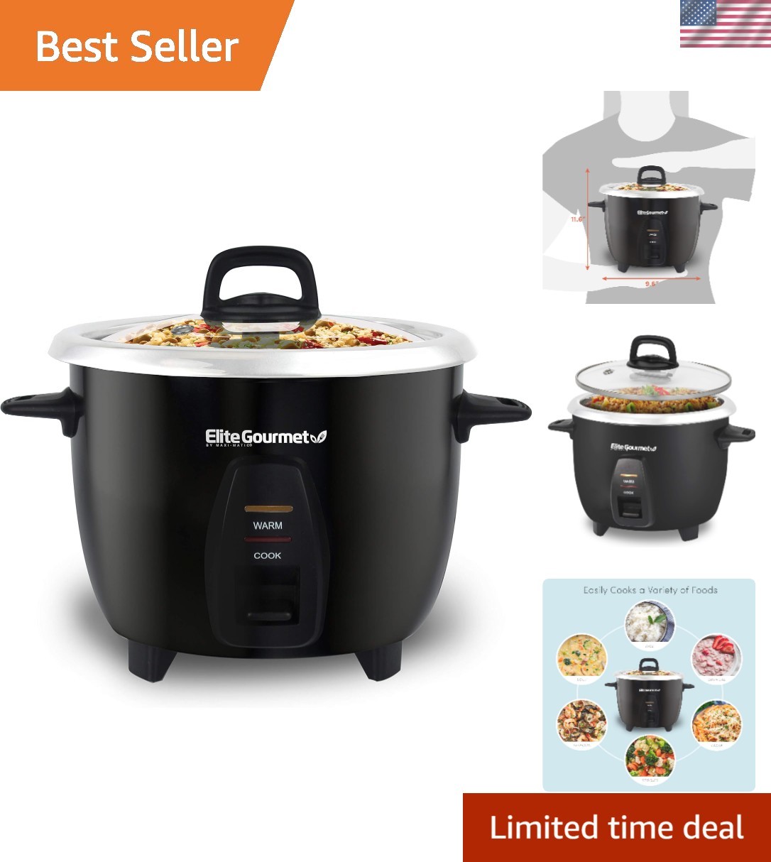 Elite Gourmet ERC2010B Electric Rice Cooker with Stainless S