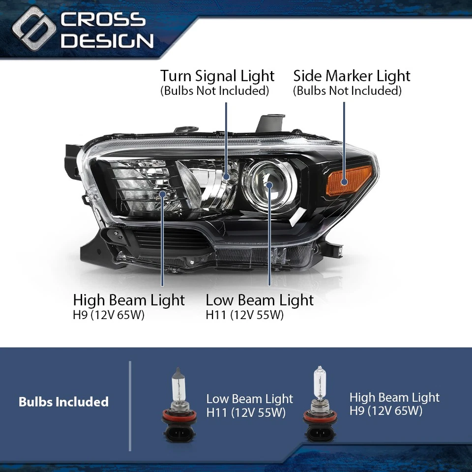 Fits 16-22 Toyota Tacoma TRD w/o LED Black Projector Headlights Headlamps LH RH - Image 3 of 4