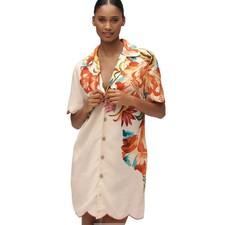 Lg-Farm Rio Anthropologie Womens Shirt Dress Lg Linen Blend Floral Button Front 