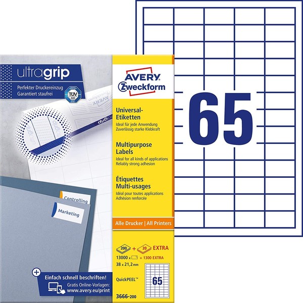 Avery Zweckform 3666-200 Universal Etiketten (13.000 Plus 1.300 Klebeetiketten E-image