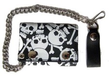 GENUINE LEATHER WHITE SKULLS X BONES TRI-FOLD MEN WALLET W SNAP ON CHAIN GI617