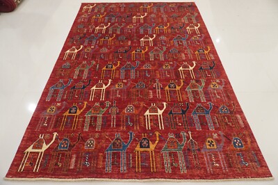 6x9 ft Red Camel Train Gabbeh Afghan Hand Knotted Wool Tribal Area Rug