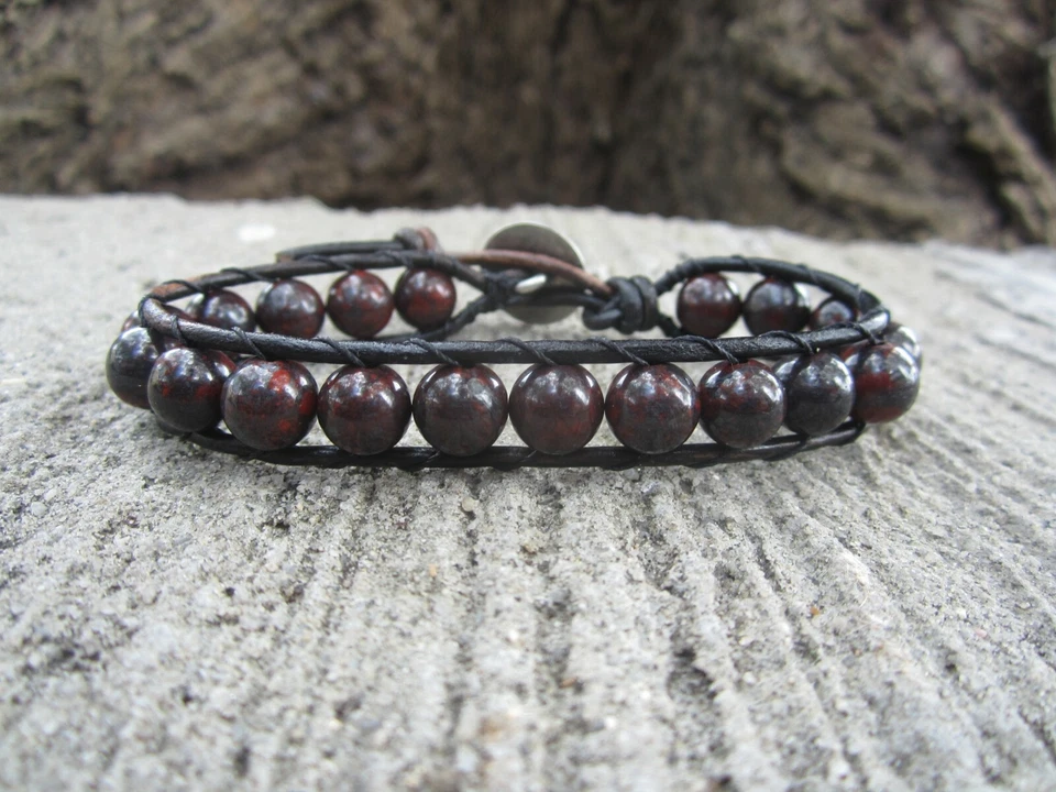 Great Gift Men's Tribal Surf Blood Stone Brown Leather Bracelet w/ Indian  - Image 2 of 4