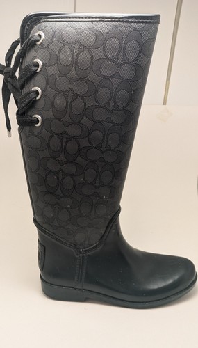 Womens Coach Signature Collection Black Jacquard Back Lace Up Rain Boots Size 8 - Picture 3 of 7