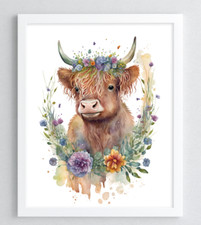 Cow Wall Art Print, Cow With Flowers Art Print, Farmhouse Wall Art Decor Print