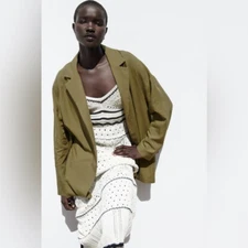 Zara Womens Open Front Blazer Jacket XL Olive Green Viscose Linen