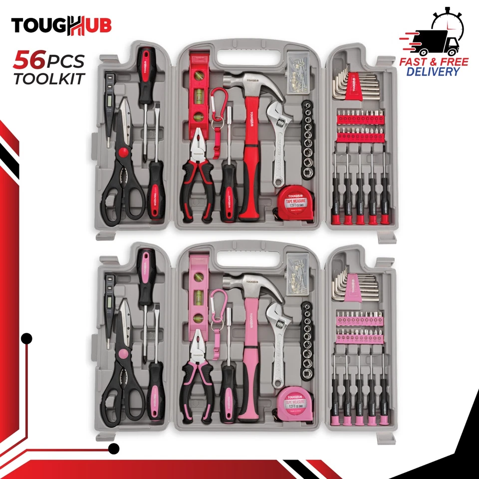 TOUGHHUB Hand Tool Kit Set 56 Pcs Red & Ladies Pink Pliers Screwdrivers For Home Repair