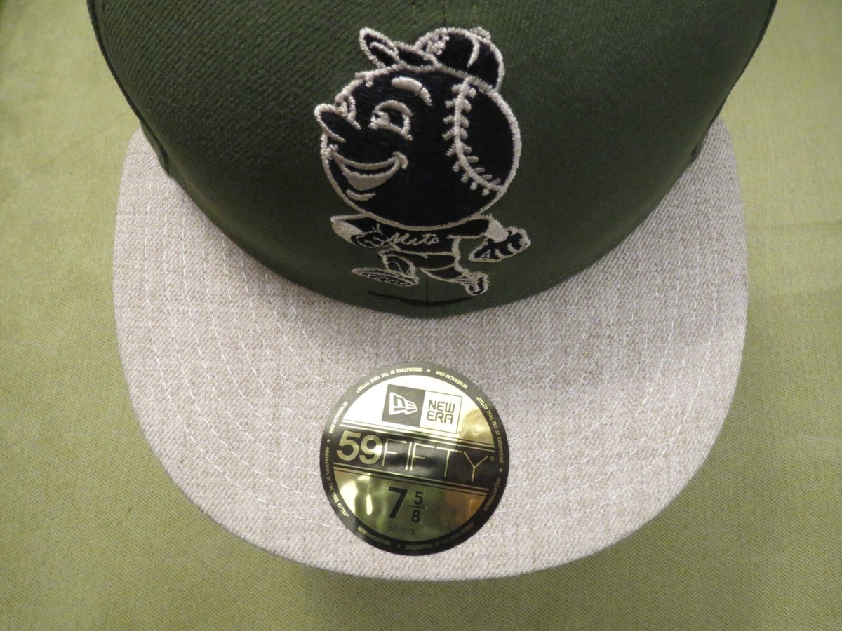 New Era NY Mets Olive Green Fitted Hat, Black Mr. Met Mesh Logo