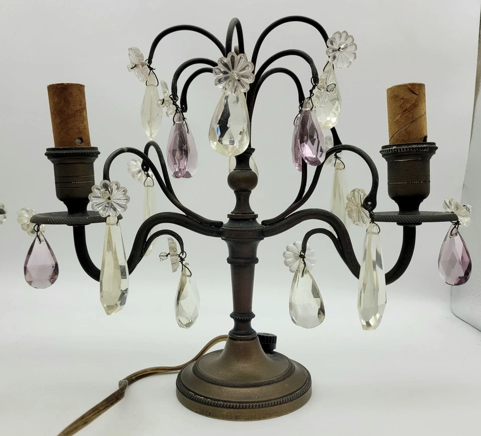 Gran par de lámparas de mesa francesas del siglo XIX Luis XV bronce Girandole cristal cargado Foto 4 de 4