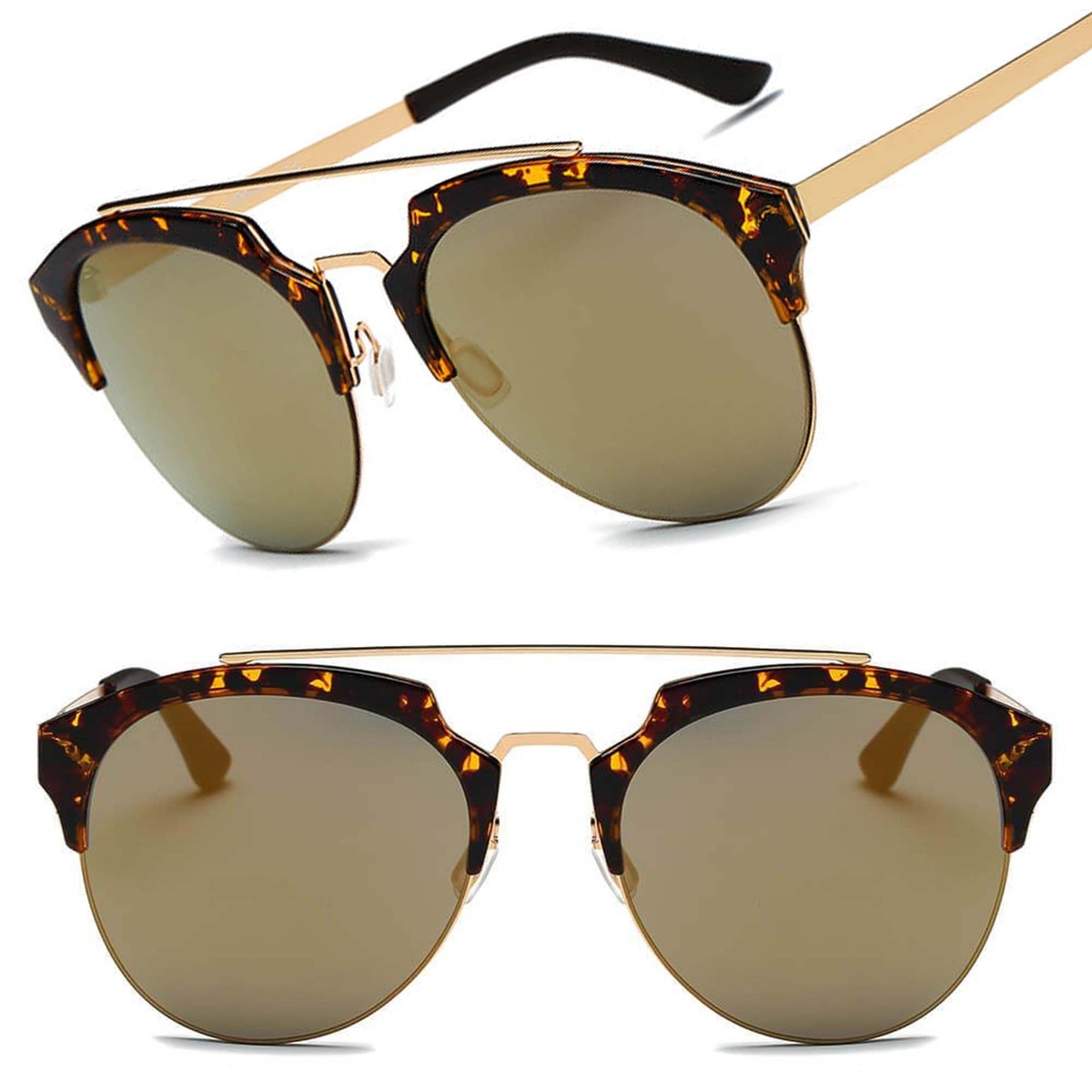 Women Half Frame Horned Rim Cat Eye Fashion Mirrored Lens Tortoise