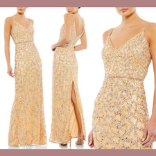 NEW $398 Mac Duggal [ 6 ] Sleeveless V Neck Beaded Column Gown Nude Gold #G1792