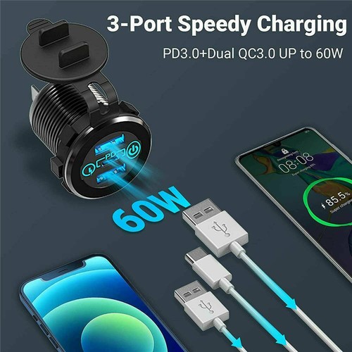 12V 24V Dual QC 3.0 USB + PD Type-C Fast Car Charger Socket Adapter Power Outlet - Picture 7 of 11