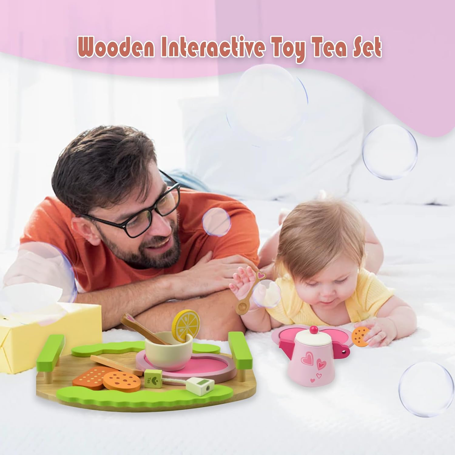 Coriver Wooden Tea Set for Toddlers, 14 Pcs Kids Tea Sets with Play