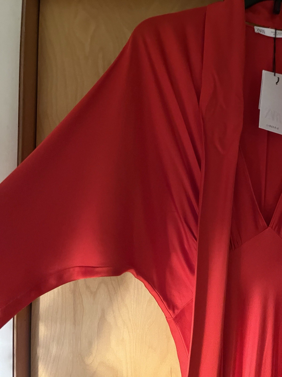 NWT Zara Lingerie Batwing Sleeve Scarf Satin Effect Red Maxi Dress Sz S See Meas thumbnail 6