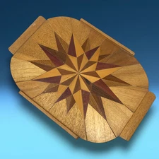 Vintage Artisan Wood Inlay Starburst Marquetry Serving Tray Mid Century Modern