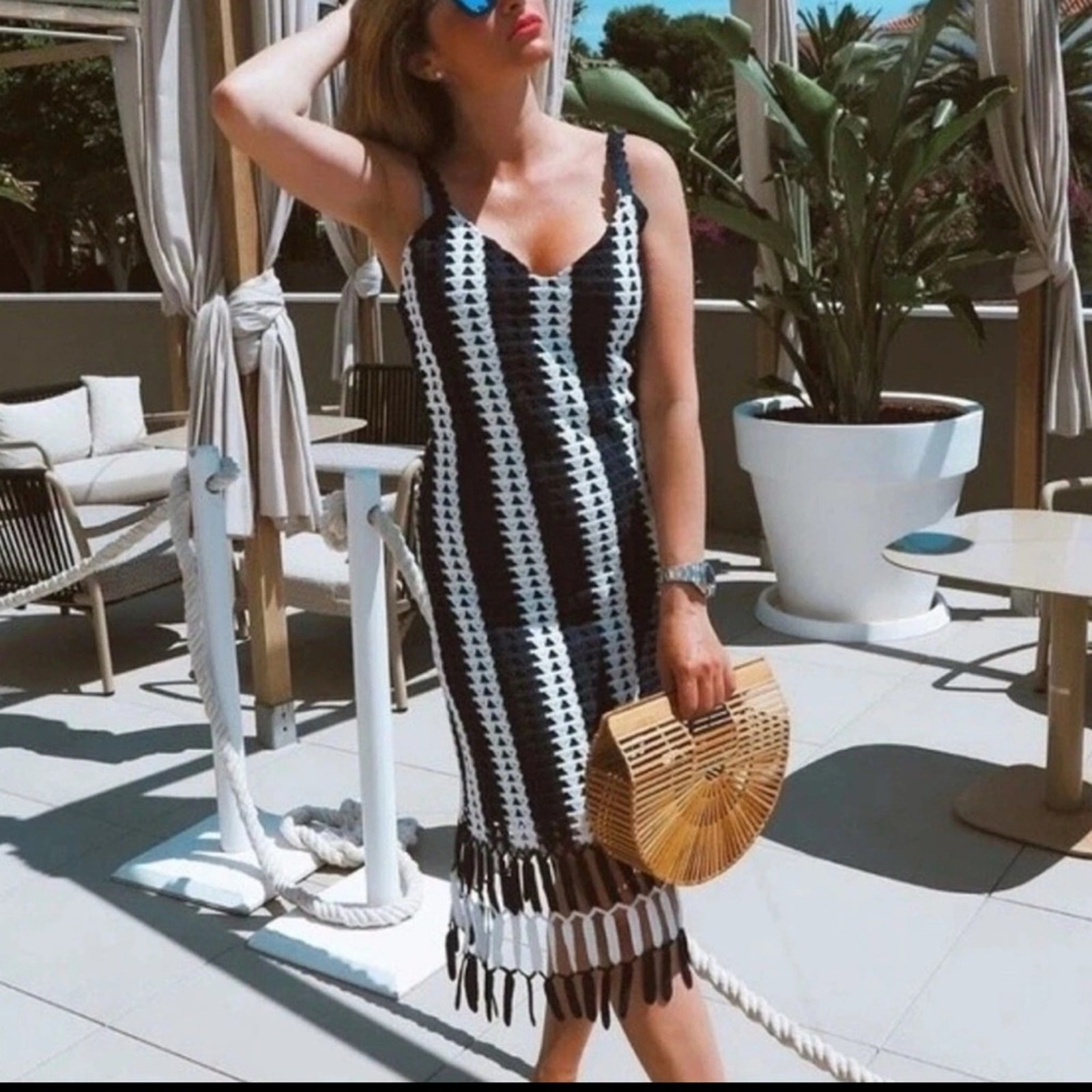 Zara Navy and White Crochet Midi Dress image 2