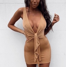 NWT House of CB Kiki Tan Mini Dress Plunge Deep V-Neck Ruffle Cocktail Large