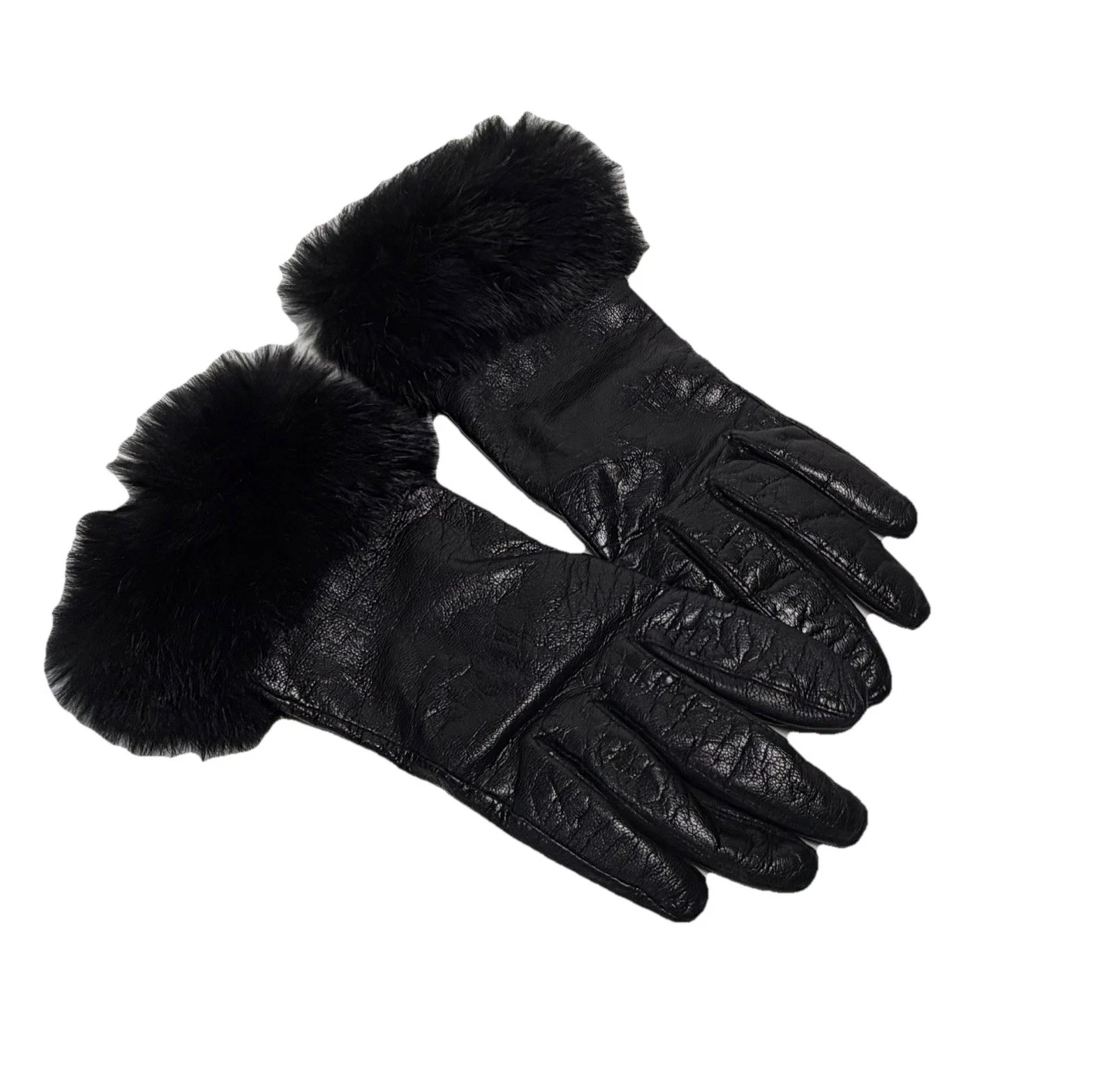 VTG Fownes Gloves Womens Sz 8 Leather Black Fur Cuffs Classy City Chic Luxury