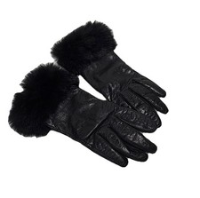 VTG Fownes Gloves Womens Sz 8 Leather Black Fur Cuffs Classy City Chic Luxury