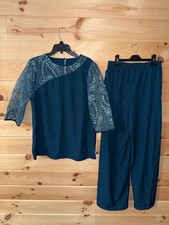 Teal Blue Chiffon 2 Piece Pant Suit Set Mother Of Bride Dressy Outfit