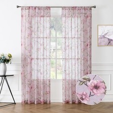 Sheer Curtains Pink Flower Leaf Printed Floral Embroidered Bedroom Curtains S...