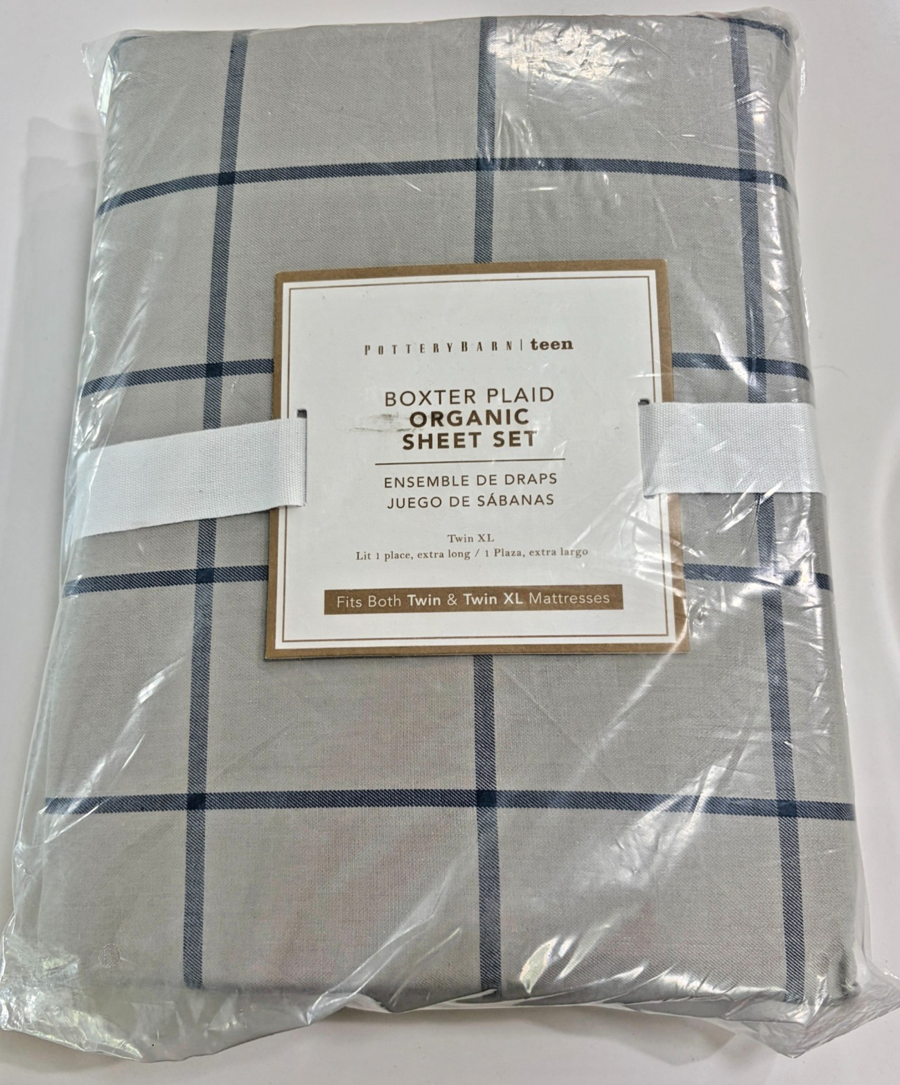 Pottery Barn Teen Organic Boxter Plaid Sheet Set, XL Twin, Gray/Blue