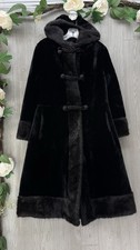 Vintage Black Long Coat Jacket Faux Fur Hooded Toggle Closure 60s Luxurious
