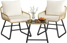 3-Piece Patio Bistro Set Outdoor Wicker Rattan Boho Coffee Table & 2 Chairs