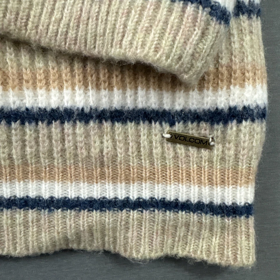 NWT Volcom Size XL Women's Knit Sweater Tan Blue White Stripes Recycle Poly Wool - Image 2 of 4
