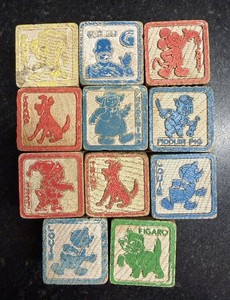 1930s–40s Disney Wooden Alphabet Blocks Halsam Mickey Pluto Figaro Fiddler Pig