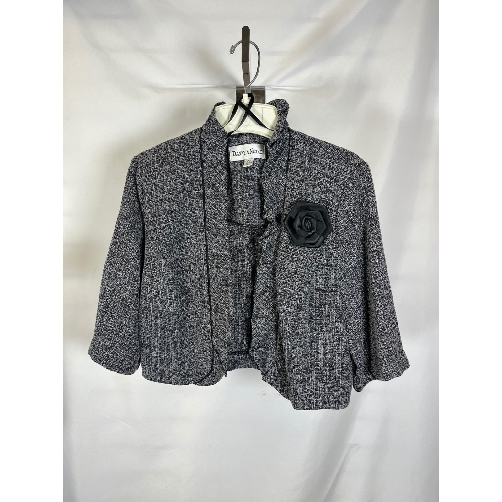 Danny & Nicole Tweed Cropped Jacket Black White Rosette Ruffle Blazer 10P