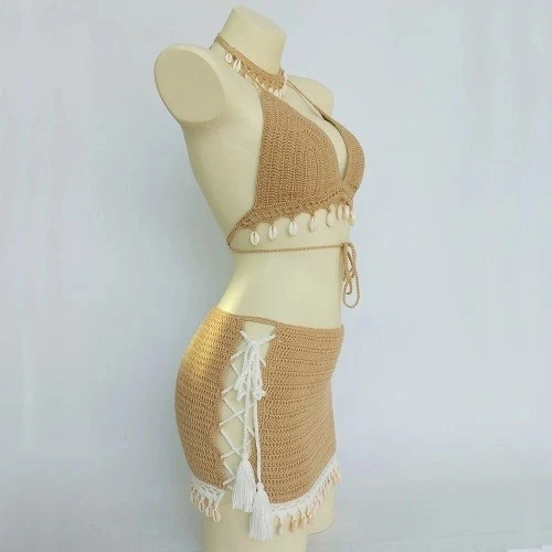 Conjunto de 3 piezas de bikini crochet con borla bikini top cadena al tobillo sexy falda de encaje  Foto 3 de 4