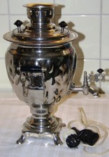 ORIGINAL RUSSISCHER SAMOWAR, MESSING VERCHROMT, SEHR DEKORATIV, 36cm HOCH