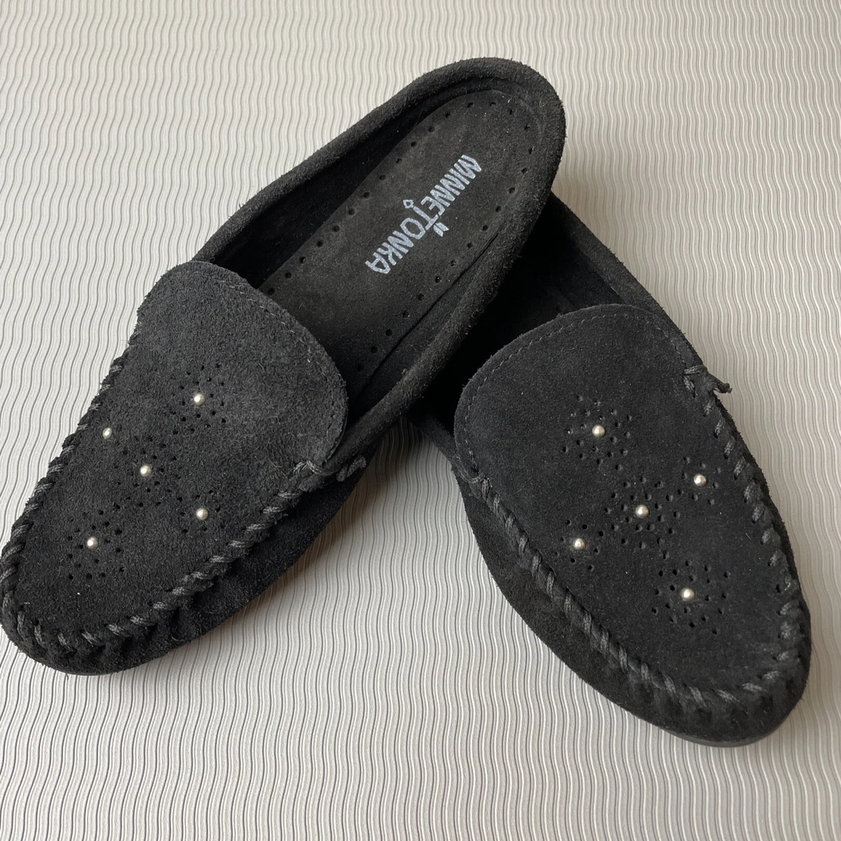 Minnetonka Black Studded Suede Leila Slip on Moccasin Mule Size 8