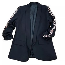 Womens Arms Leopard Print Ruched Rouge Sleeve Blazer Open Front Pocket Jacket