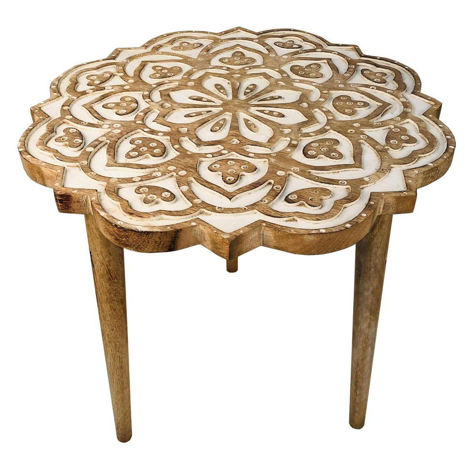 18 Inch Handcrafted Mango Wood Side End Table, Floral Carved Top