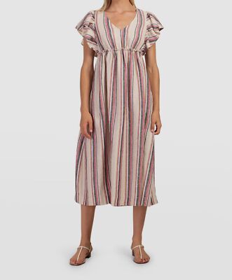 $349 Trina Turk Women's Beige Linen Striped A-Line Dress Size XS