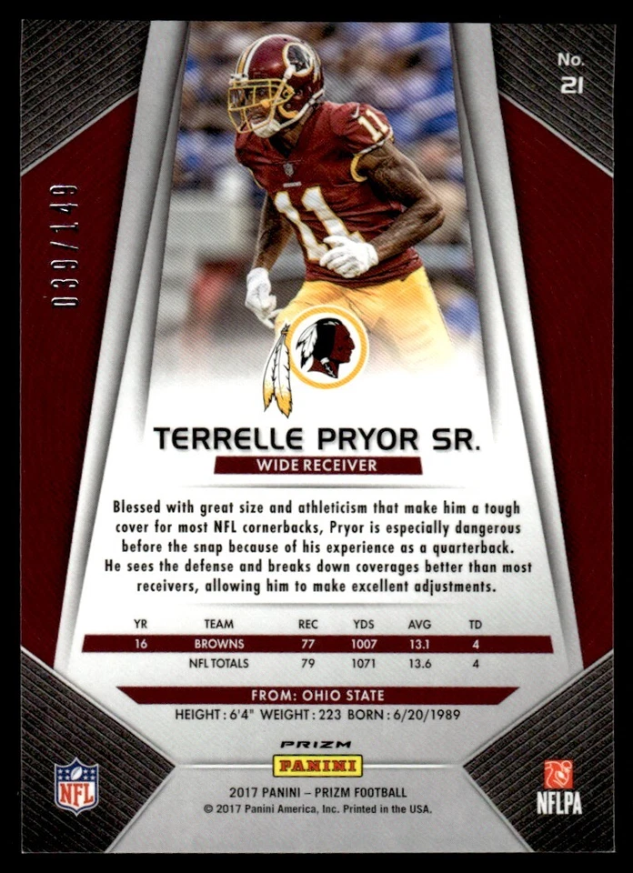 2017 Panini Prizm Blue Wave Terrelle Pryor Sr. 039/149 #21 - Image 2 of 2