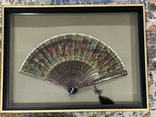 Antique Folding Hand Fan Framed Sage Green Background Displayed In A Shadow Box