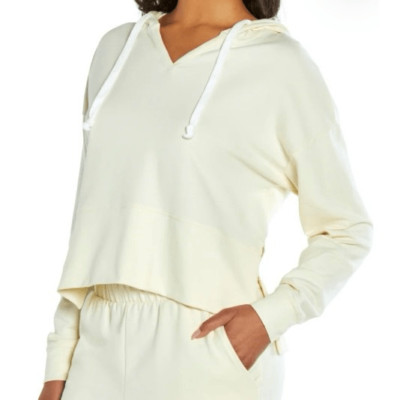 Three Dots Light Yellow Cropped Hoodie Pullover Sweatshirt NWT Size Small