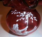 Fenton Hand Painted Cranberry Ruffled Edge 5" Tall Vase Girl On Swing