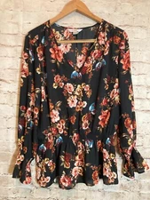 Counterparts Top Womens XL Black Floral Bell Sleeve Ruffle Hem Dark Romantic