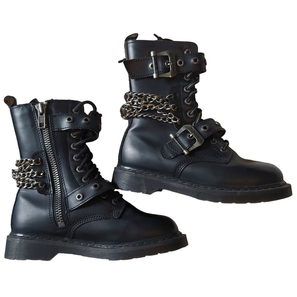 Demonia Mens S7 Womens S8.5 Lace-Up/Zip Low Heel Chain Metal Boots