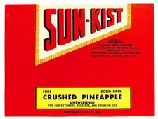 1949 Paper Label Sun-Kist Coarse Crushed Pineapple Philippine Packing Scarce