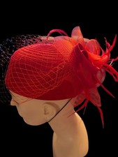 Vintage Feather Pillbox Style Red Hat with Veil, Netting Derby Church Special