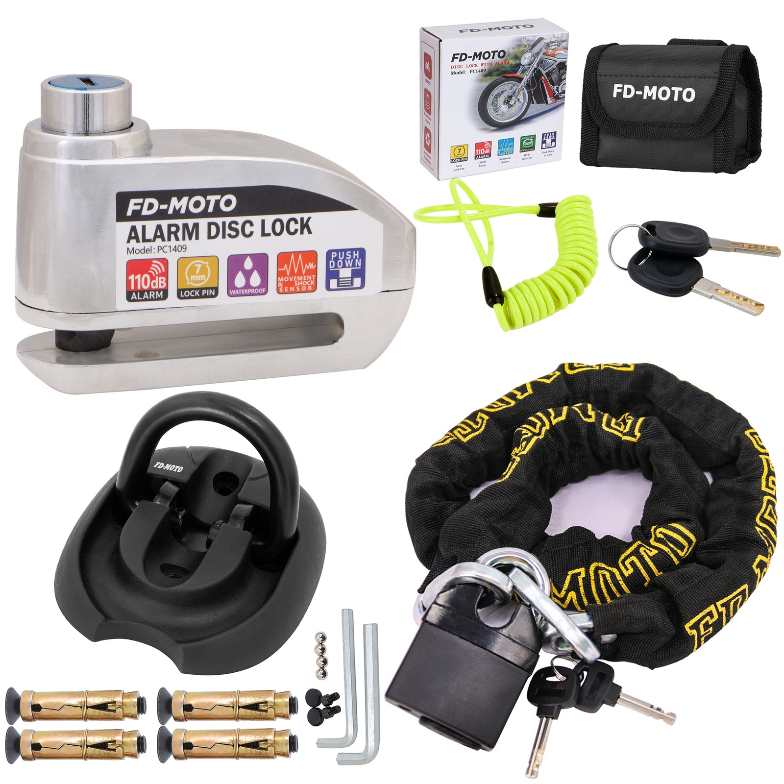 FD-MOTO 1.2M*10mm Motorbike Chain Lock Motorcycle CE Alarm Lock & Ground Anchor
