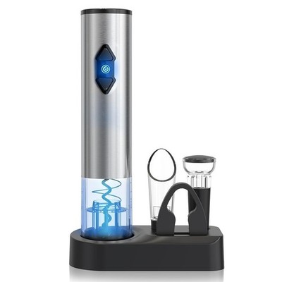 CIRCLE JOY With Charging Base, 5-in-1 Battery Operated Wine Set - Silver