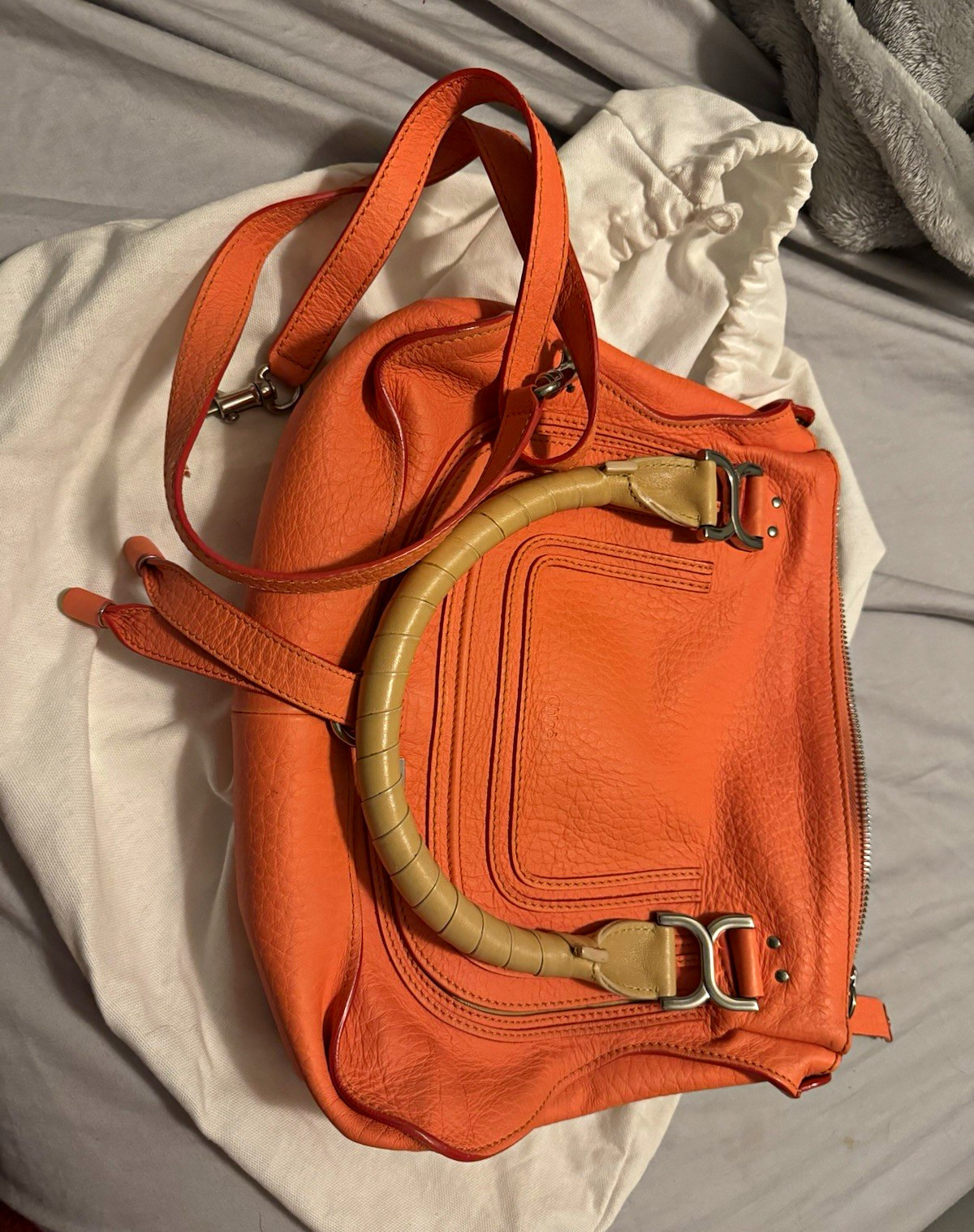 Chloé Marcie Orange Pebbled Satchel Top Handle Zip Bag w Strap, Dust Bag & Card
