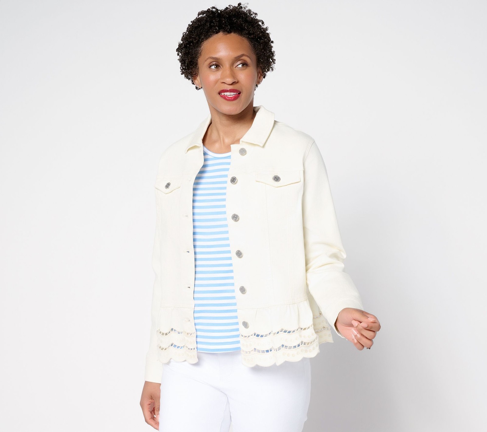 Susan Graver Women's Jacket Sz S Embroidered Peplum Stretch Denim White A690642