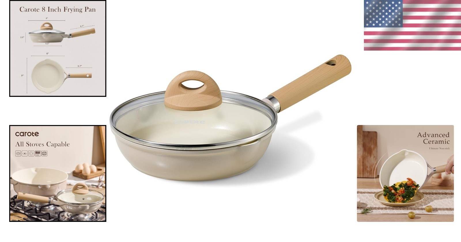 Ceramic Frying Pan Skillet Non Stick Cookware Induction Safe 8 Inch
